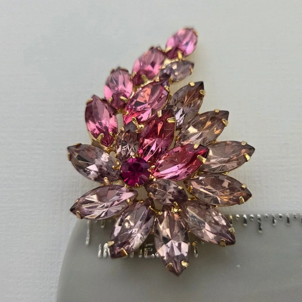 Vintage Rhinestone Brooch Pink Marquise Floral Spray Cluster